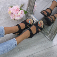 Model wearing Black PU Low Wedge Heel Slingback Strappy Comfort Sandals