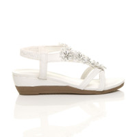 Right side view of White PU Low Mid Wedge Heel Flower Diamante T-Bar Slingback Sandals