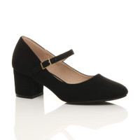 Front right side view of Black Suede Mid Block Heel Mary Jane Strap Court Shoes