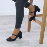Model wearing Black Suede Mid Block Heel Mary Jane Strap Court Shoes
