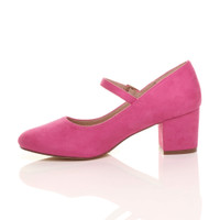 Left side view of Fuchsia Pink Suede Mid Block Heel Mary Jane Strap Court Shoes