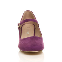 Front view of Purple Suede Mid Block Heel Mary Jane Strap Court Shoes