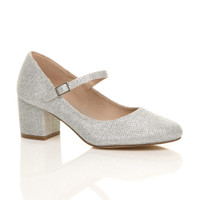 Front right side view of Silver Glitter Mid Block Heel Mary Jane Strap Court Shoes