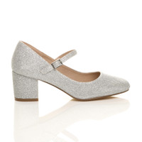Right side view of Silver Glitter Mid Block Heel Mary Jane Strap Court Shoes