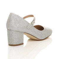 Back right side view of Silver Glitter Mid Block Heel Mary Jane Strap Court Shoes
