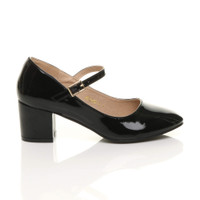 Right side view of Black Patent Mid Block Heel Mary Jane Strap Court Shoes
