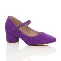 Front right side view of Purple Suede Mid Block Heel Mary Jane Strap Court Shoes