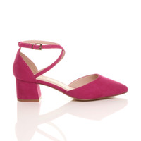 Right side view of Fuchsia Pink Suede Mid Block Heel Cross Strap Two Part Ankle Strap Shoes