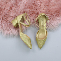 Gold Glitter Mid Block Heel Cross Strap Two Part Ankle Strap Shoes