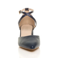 Front view of Navy PU Mid Block Heel Cross Strap Two Part Ankle Strap Shoes