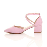 Left side view of Pale Pink Suede Mid Block Heel Cross Strap Two Part Ankle Strap Shoes