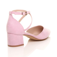 Back right side view of Pale Pink Suede Mid Block Heel Cross Strap Two Part Ankle Strap Shoes
