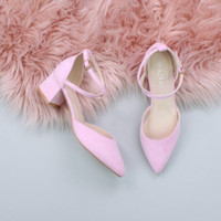 Pale Pink Suede Mid Block Heel Cross Strap Two Part Ankle Strap Shoes