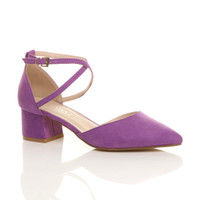 Front right side view of Purple Suede Mid Block Heel Cross Strap Two Part Ankle Strap Shoes