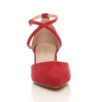 Front view of Red Suede Mid Block Heel Cross Strap Two Part Ankle Strap Shoes