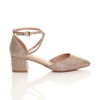 Right side view of Rose Gold Glitter Mid Block Heel Cross Strap Two Part Ankle Strap Shoes
