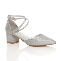 Front right side view of Silver Glitter Mid Block Heel Cross Strap Two Part Ankle Strap Shoes