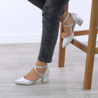 Model wearing Silver Glitter Mid Block Heel Cross Strap Two Part Ankle Strap Shoes