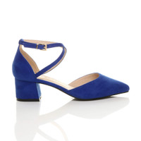 Right side view of Cobalt Blue Suede Mid Block Heel Cross Strap Two Part Ankle Strap Shoes