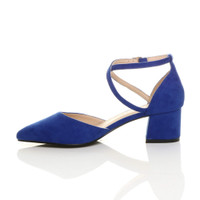 Left side view of Cobalt Blue Suede Mid Block Heel Cross Strap Two Part Ankle Strap Shoes