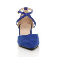Front view of Cobalt Blue Suede Mid Block Heel Cross Strap Two Part Ankle Strap Shoes