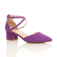 Front right side view of Purple Suede Mid Block Heel Cross Strap Two Part Ankle Strap Shoes
