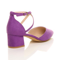 Back right side view of Purple Suede Mid Block Heel Cross Strap Two Part Ankle Strap Shoes