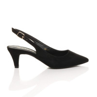 Right side view of Black Suede Low Mid Heel 50s Slingback Buckle Pointed Open Back Shoes
