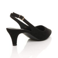Back right side view of Black Suede Low Mid Heel 50s Slingback Buckle Pointed Open Back Shoes
