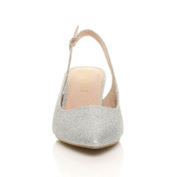 Front view of Silver Glitter Low Mid Heel 50s Slingback Buckle Pointed Open Back Shoes