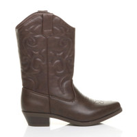 Right side view of Brown PU Pull On Cowboy Calf Boots