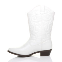 Left side view of White PU Pull On Cowboy Calf Boots