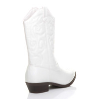 Back right side view of White PU Pull On Cowboy Calf Boots