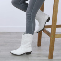 Model wearing White PU Pull On Cowboy Calf Boots
