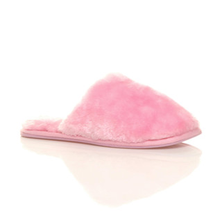 Front right side view of Pink Fur Flat Faux Fur Fluffy Mules Slippers