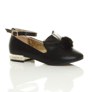 Front right side view of Black Bunny Ears Pom Pom Ankle Strap Loafers Shoes
