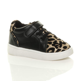 Front right side view of Black PU Infants Flat Lace Up Hook & Loop Glitter Leopard Print Trainers