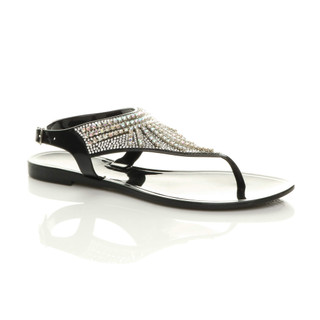 Front right side view of Black Flat Diamante T-Bar Buckle Jelly Beach Toe Post Sandals