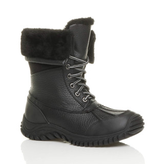 Front right side view of Black PU Low Heel Winter Snow Ankle Calf Boots