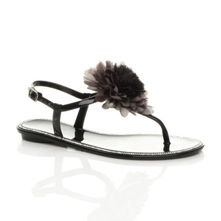 Front right side view of Black Flat Diamante Flower Jelly T-Bar Buckle Beach Sandals