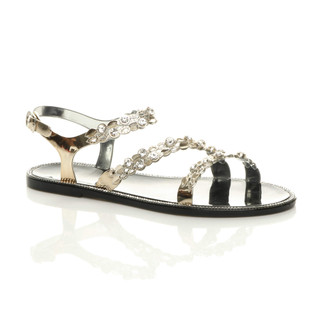 Front right side view of Black Flat Diamante Strappy Buckle Summer Jelly Beach Sandals