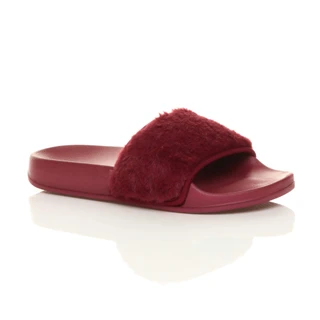 Front right side view of Burgundy Fur Flat Faux Fur Sandals Sliders