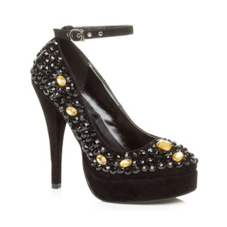 Front right side view of Black / Gold Suede High Heel Ankle Strap Diamante Gem Court Shoes
