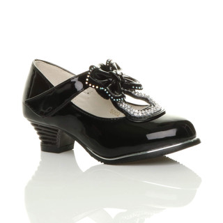 Front right side view of Black Patent Bow Butterfly T-Bar Court Shoes