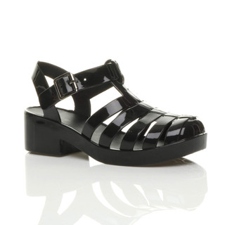 Front right side view of Black Mid Heel Gladiator Jelly Kids Sandals