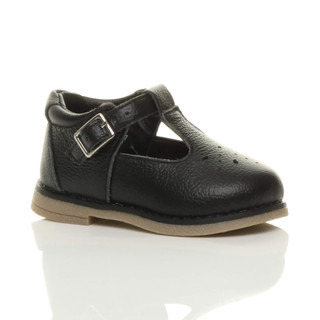 Front right side view of Black Infants Flat Low Heel Classic T-Bar Shoes