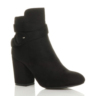 Front right side view of Black Suede High Block Heel Buckle Riding Ankle Boots