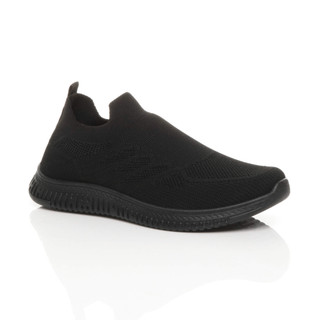 Front right side view of Black Slip On Flexible Breathable Sock Trainers Sneakers