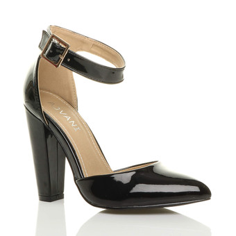 black patent court shoes with ankle strap