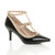 Front right side view of Black Patent Mid High Heel T-Bar Studded Pointed Court Shoes